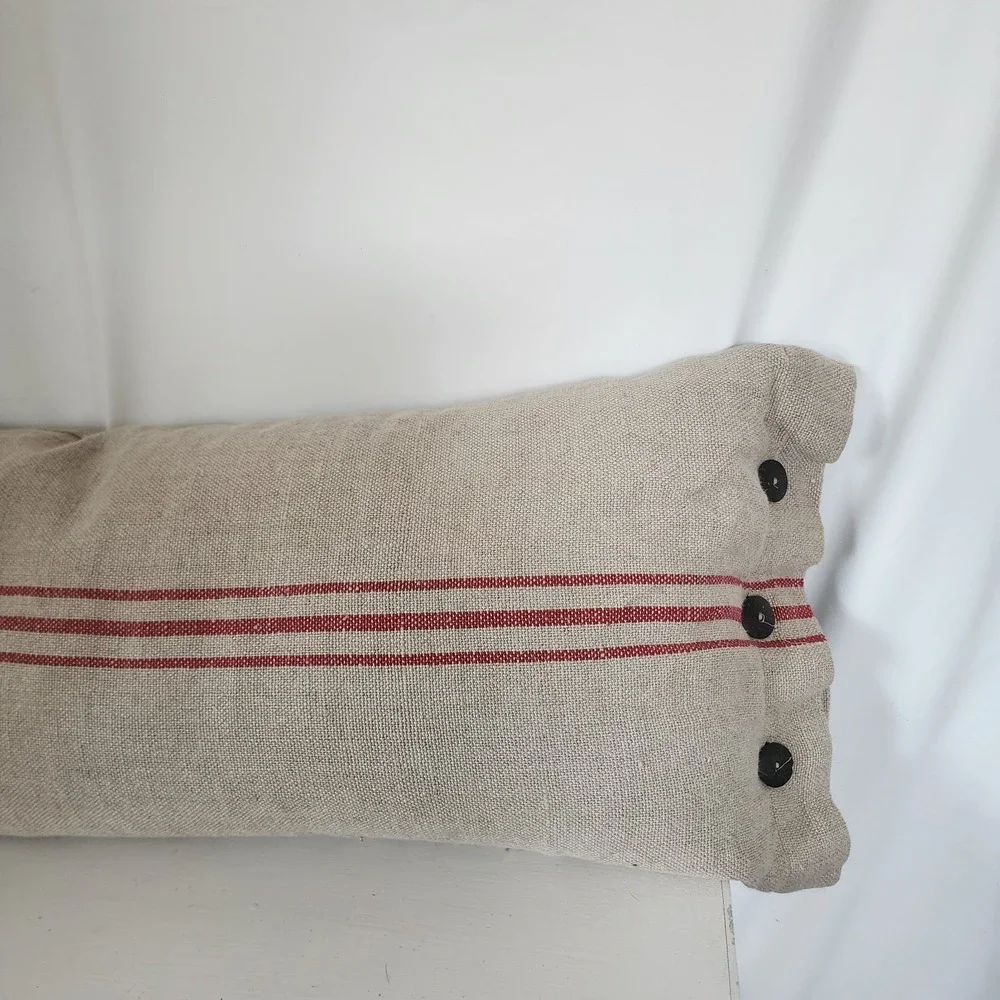 POTTERY BARN RED STRIPE LINEN HEMP FRENCH GRAIN SACK BUTTON PILLOW  16x26